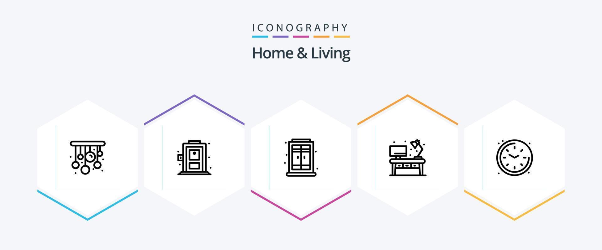 25-Zeilen-Icon-Paket für Zuhause und Wohnen, einschließlich . Zeit. Fenster. Leben. Schreibtisch vektor