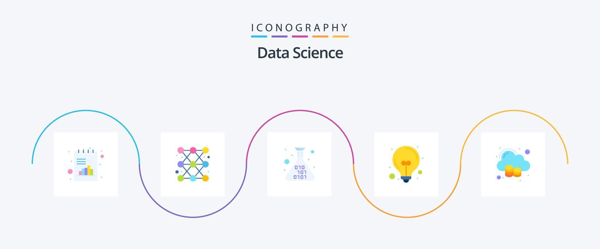 data vetenskap platt 5 ikon packa Inklusive idéer. lampa. linje. Glödlampa. koda vektor