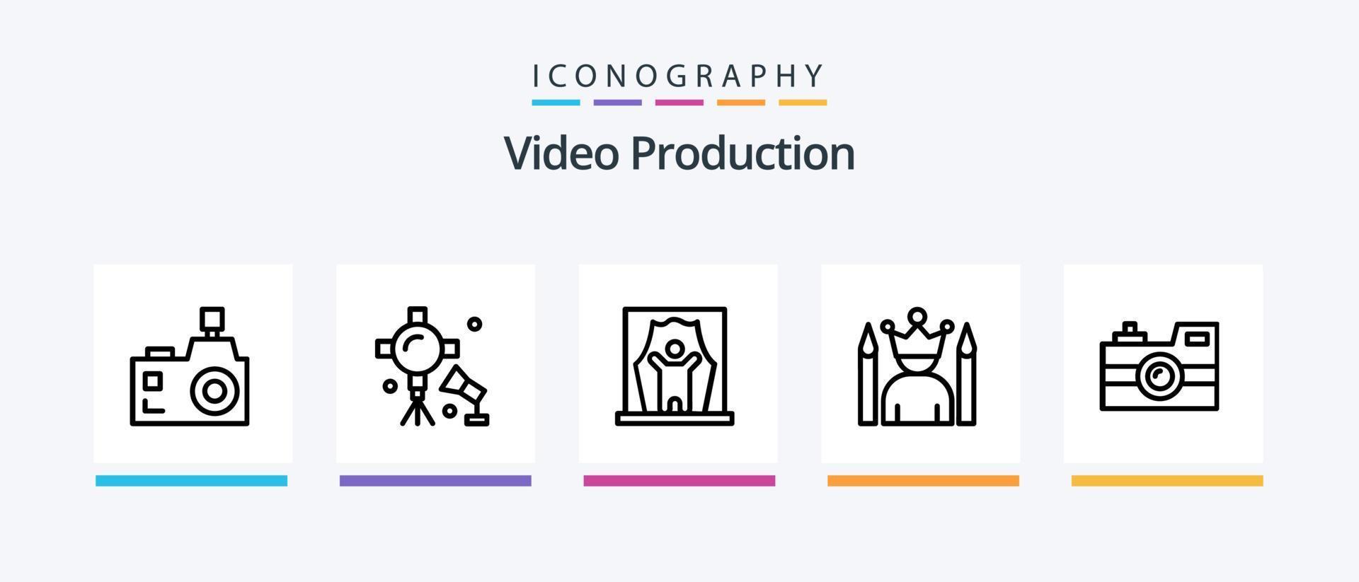 Video Production Line 5 Icon Pack inklusive Kinokarten. Kinokarten. Fernsehgerät. Vintage Rolle. Filmrolle. kreatives Symboldesign vektor