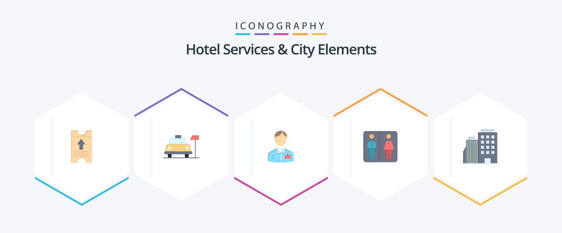 Hotelservices und Stadtelemente 25 Flat Icon Pack inklusive Hotel. Maschine. Page. Aufzug. Service vektor