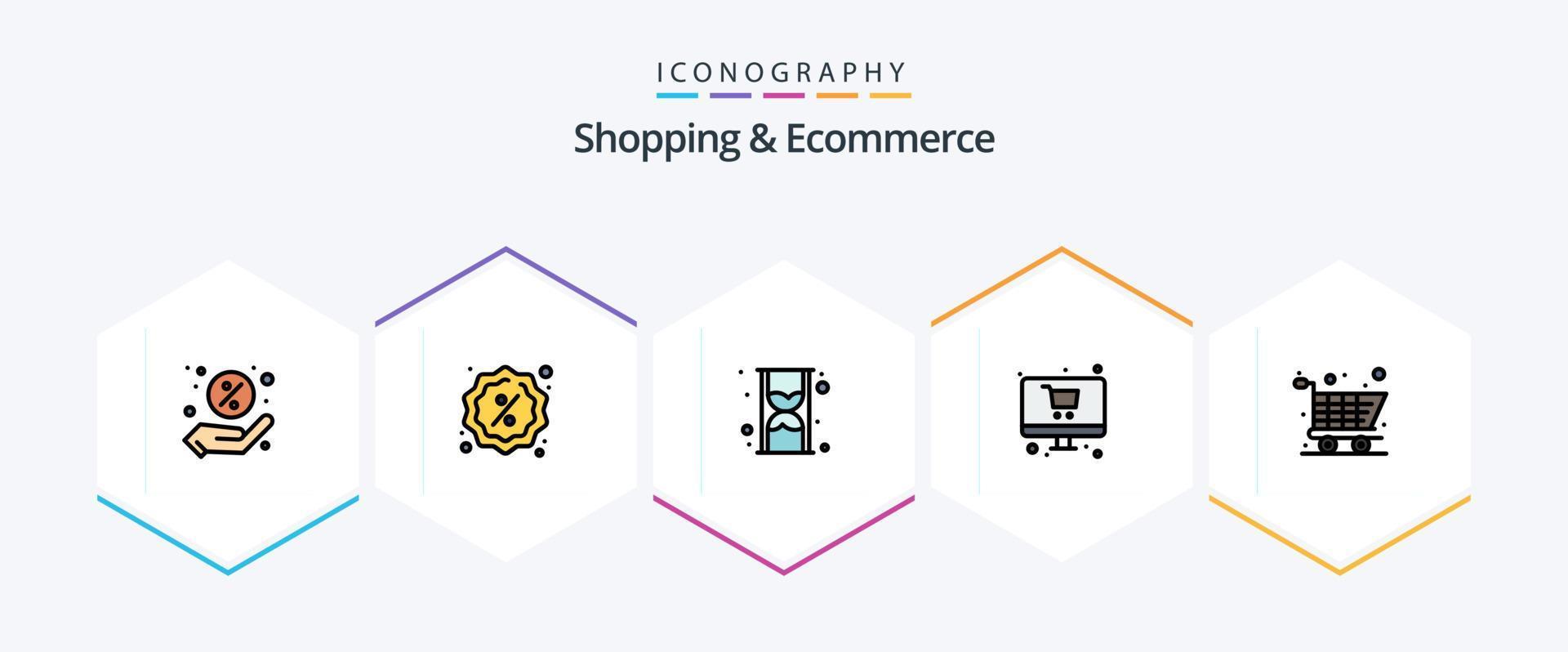 Shopping und E-Commerce 25 Filledline Icon Pack inklusive Shopping. Wagen. Stunde. Monitor. Einkaufen vektor