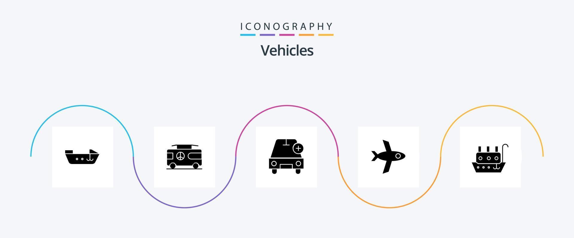 fordon glyf 5 ikon packa Inklusive fartyg. marin. bil. fiskare. flyg vektor