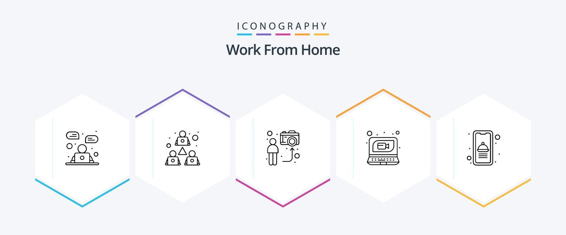 arbete från Hem 25 linje ikon packa Inklusive video. ringa upp. delning. social. man vektor