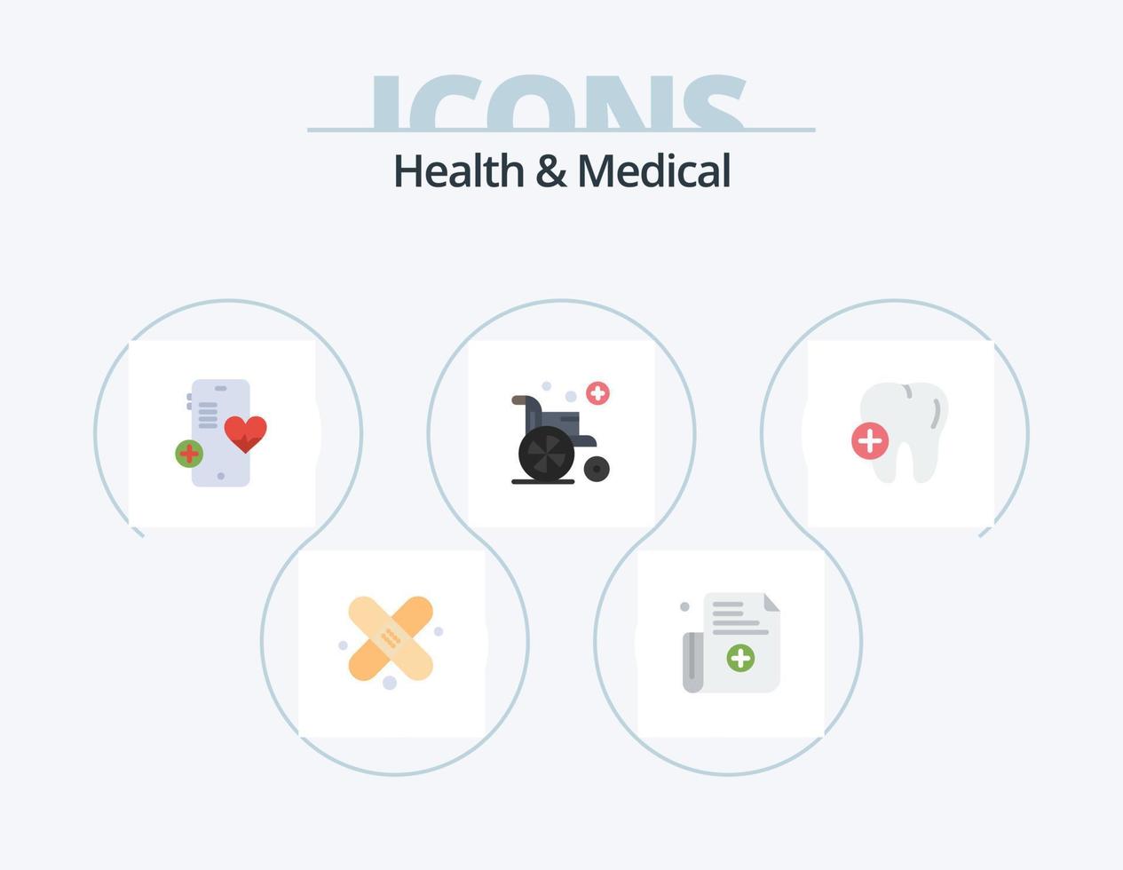Gesundheit und medizinisches flaches Icon-Pack 5-Icon-Design. . Zahn. schlagen. medizinisch. Rollstuhl vektor