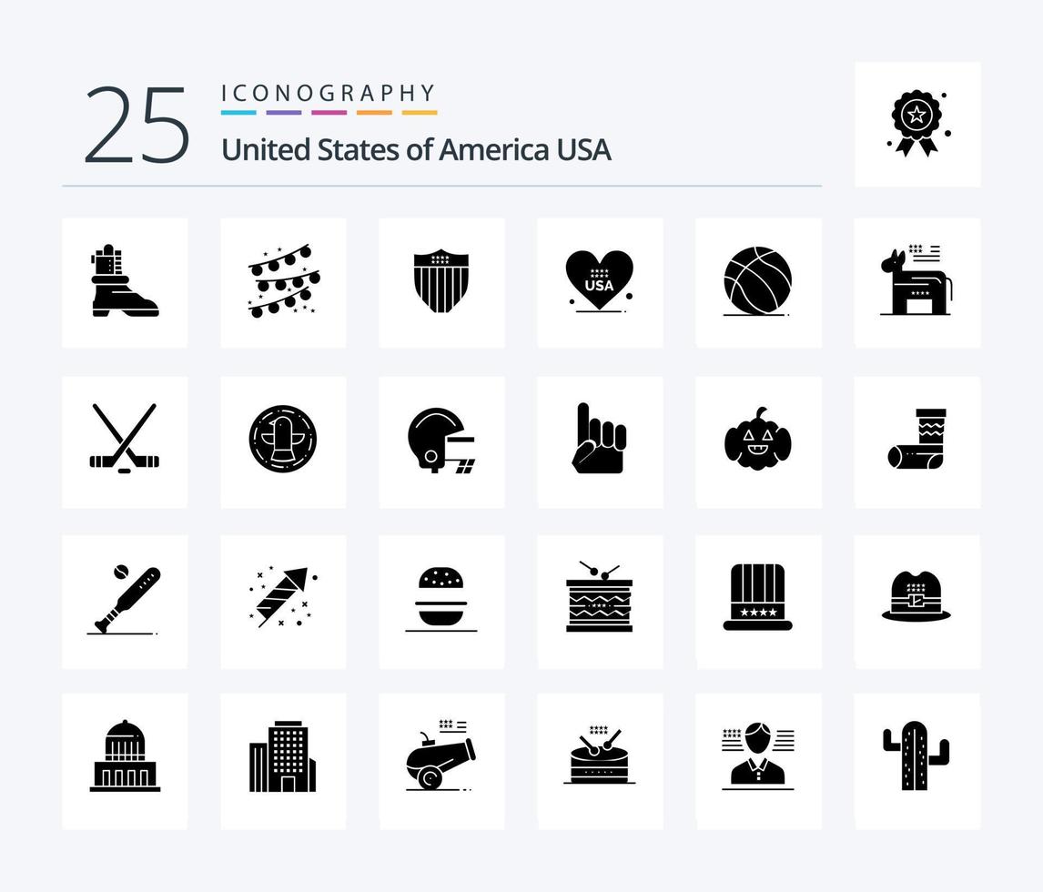 USA 25 solides Glyphen-Icon-Paket einschließlich USA. Ball. Sicherheit. Fußball. amerikanisch vektor