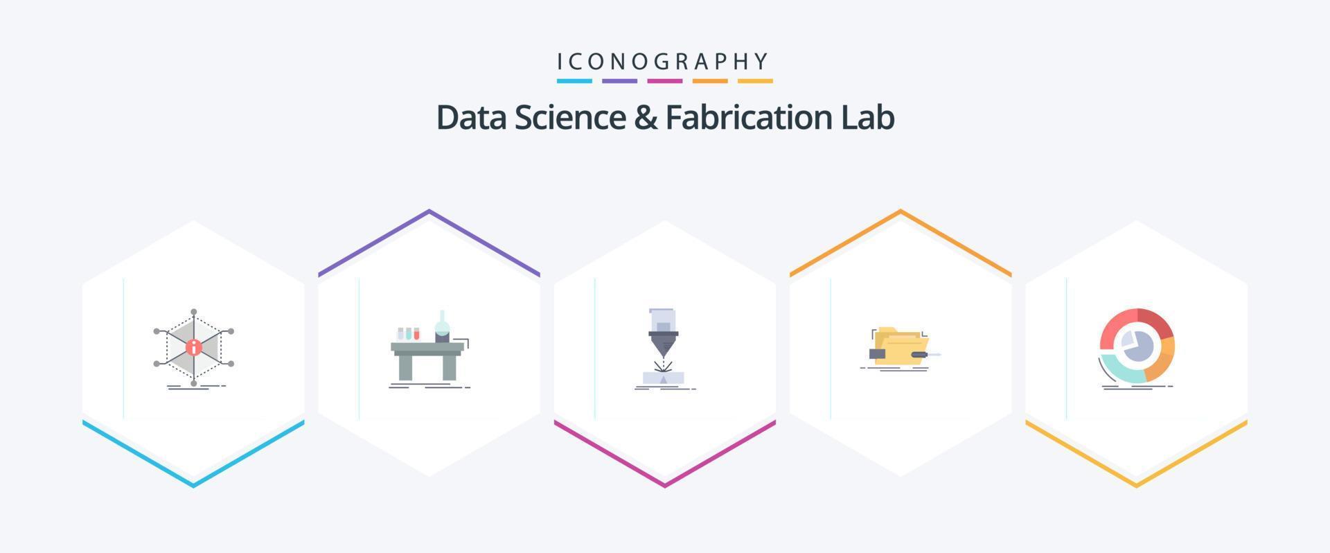 data vetenskap och tillverkning labb 25 platt ikon packa Inklusive skruvmejsel. låda. laboratorium. stål. tillverkning vektor