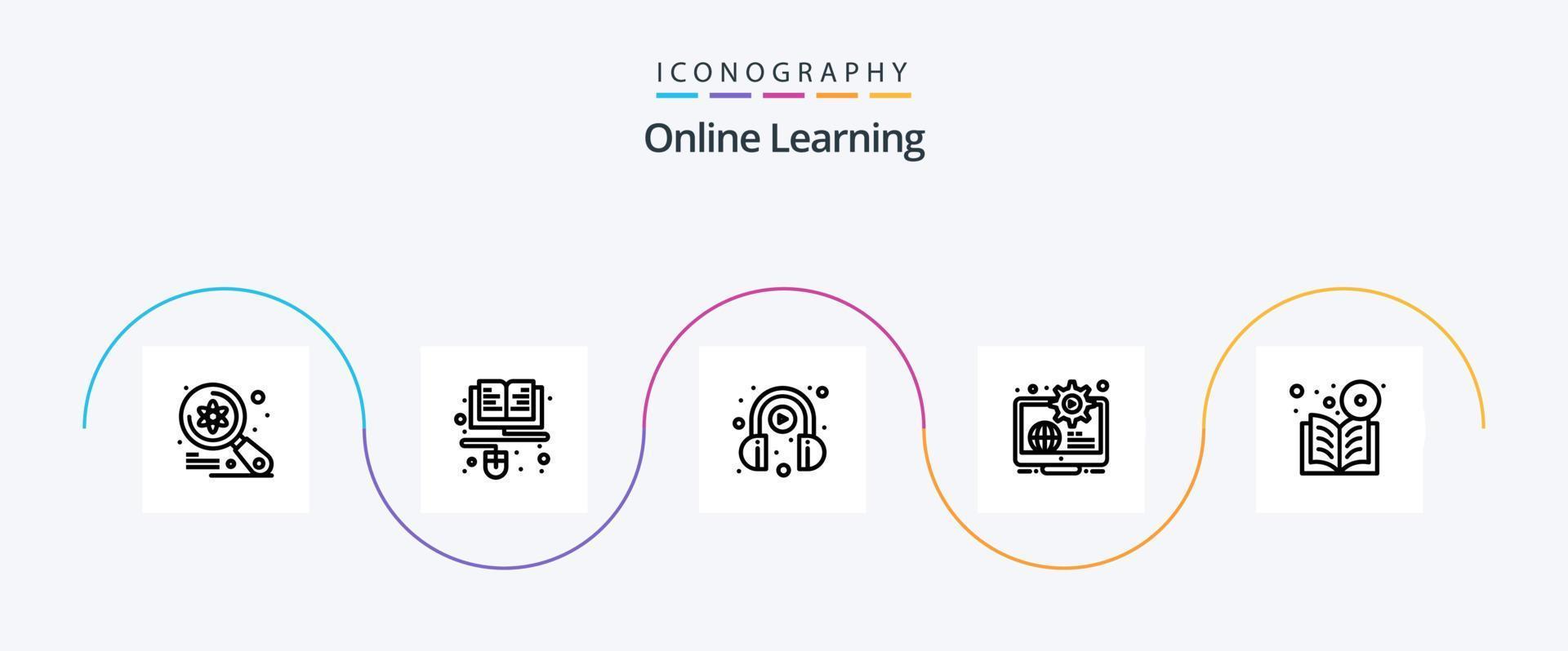 Online-Lern-Line-5-Icon-Pack inklusive Lernen. Inhalt. online. Geschäft. spielen vektor