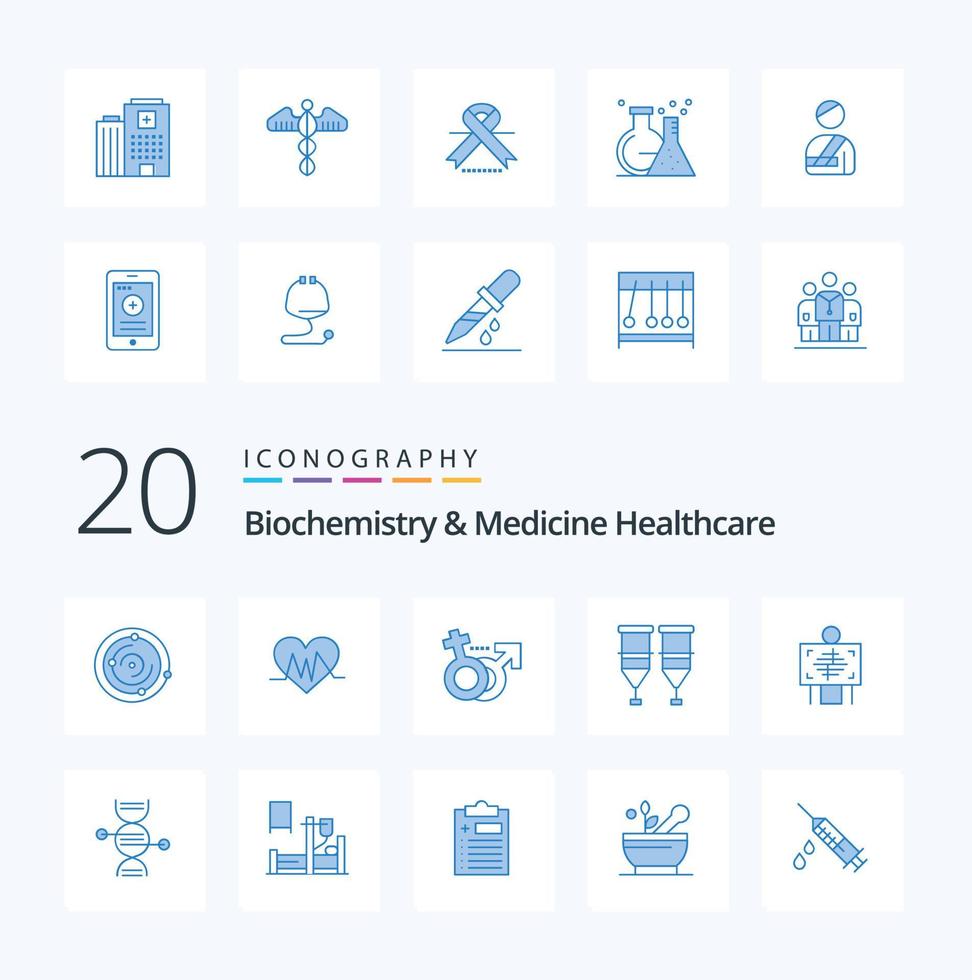 20 Symbolpaket für Biochemie und Medizin im Gesundheitswesen in blauer Farbe wie Röntgenspritze Geschlecht medizinisches Blut vektor