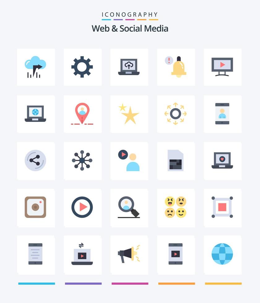 kreativ webb och social media 25 platt ikon packa sådan som klot. bärbar dator. pil. video. övervaka vektor