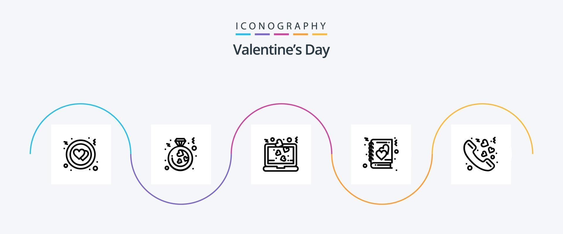 Valentines Day Line 5 Icon Pack inklusive Romantik. Forderung. Laptop. Geschichte. Liebe vektor