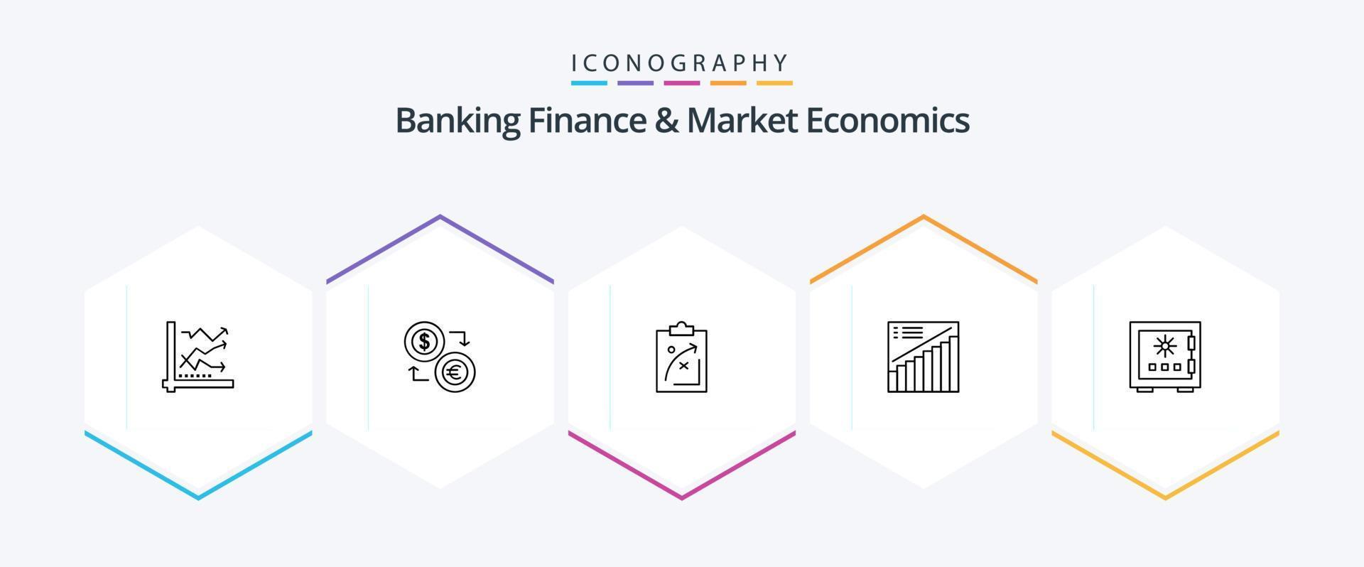 Bankwesen, Finanzen und Marktwirtschaft, 25-zeiliges Icon-Paket, einschließlich Taktiken. strategisch. Währung. planen. finanziell vektor