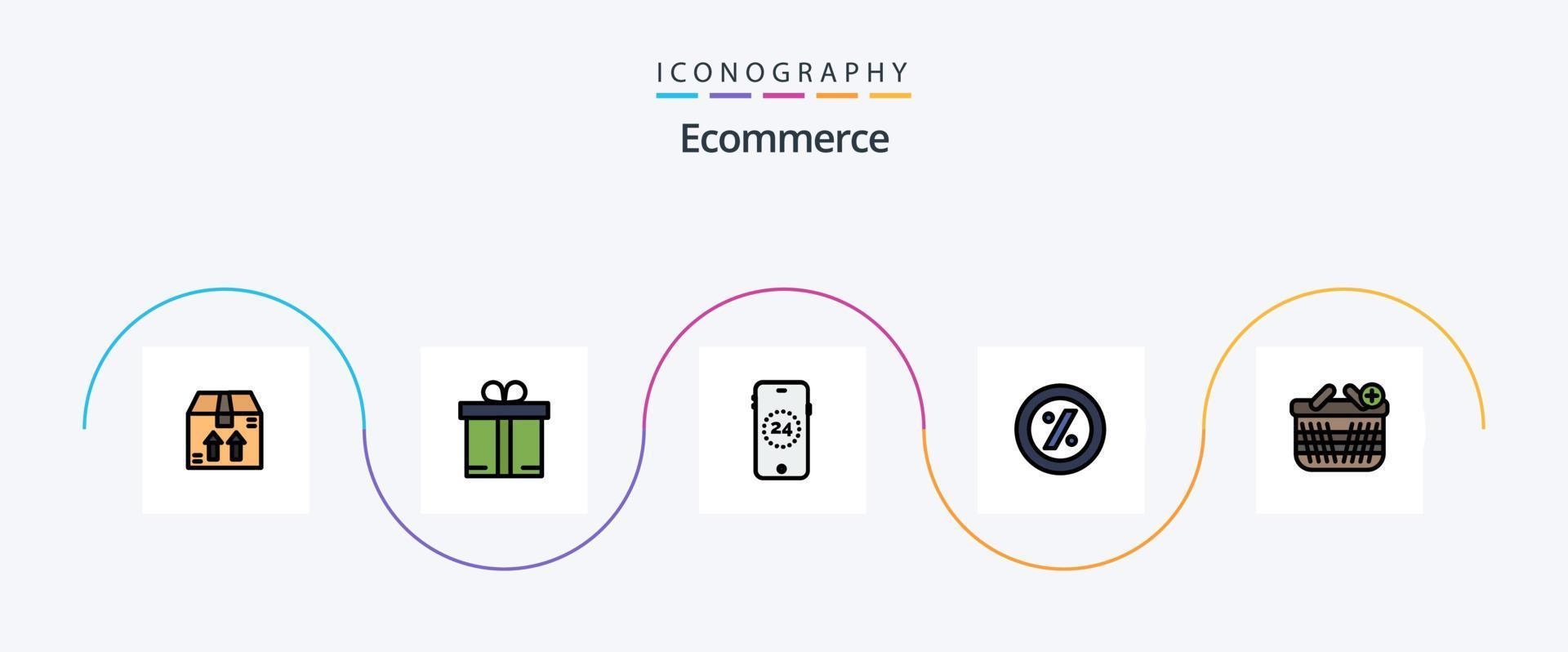 E-Commerce-Linie gefülltes flaches 5-Icon-Paket einschließlich . hinzufügen. Einkaufen. Einkaufen. Korb vektor