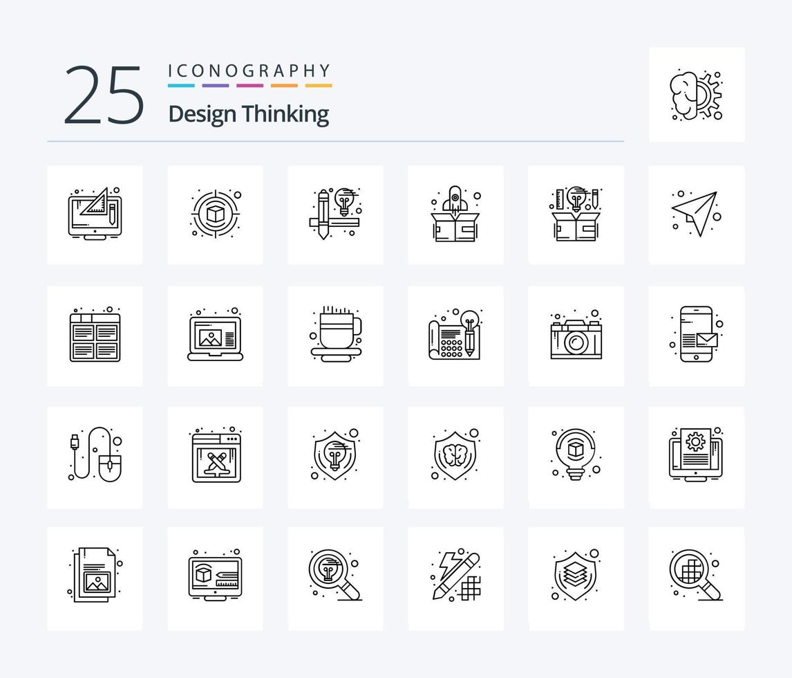 Design Thinking 25-Zeilen-Icon-Pack inklusive Design. Computer. Denken. hoch. Rakete vektor