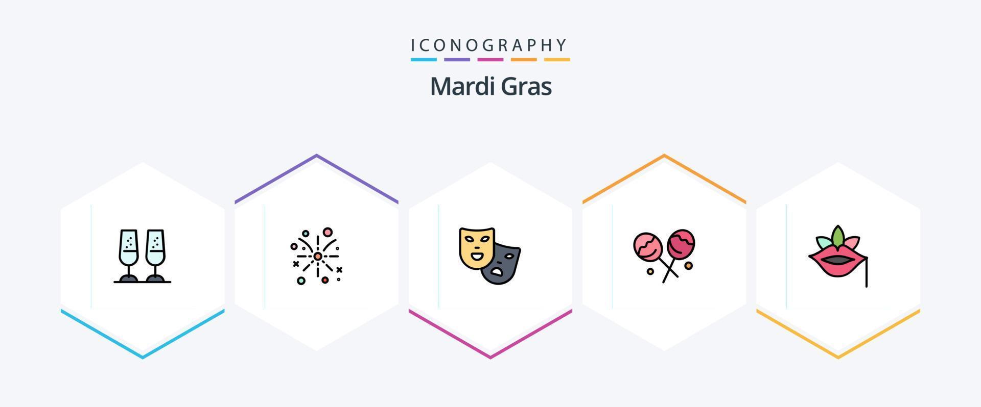 Mardi Gras 25 Filledline Icon Pack inklusive Pflanze. Lippen. Masken. Herz Lutscher. Süssigkeit vektor