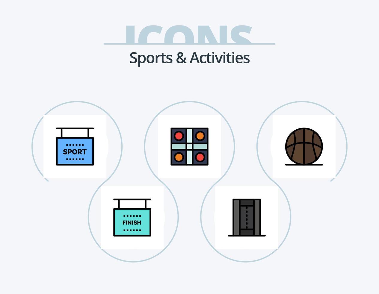Sport- und Aktivitätslinie gefüllt Icon Pack 5 Icon Design. Tonhöhe. Leichtathletik. Ziel. Aktivitäten. Spiel vektor