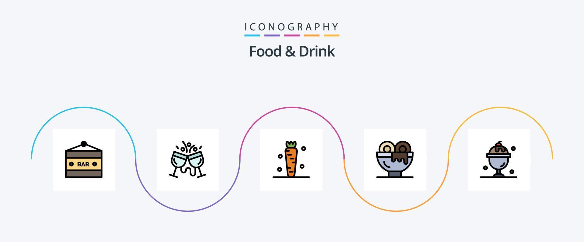 mat och dryck linje fylld platt 5 ikon packa Inklusive dryck. frukost. dryck. grönsak. mat vektor