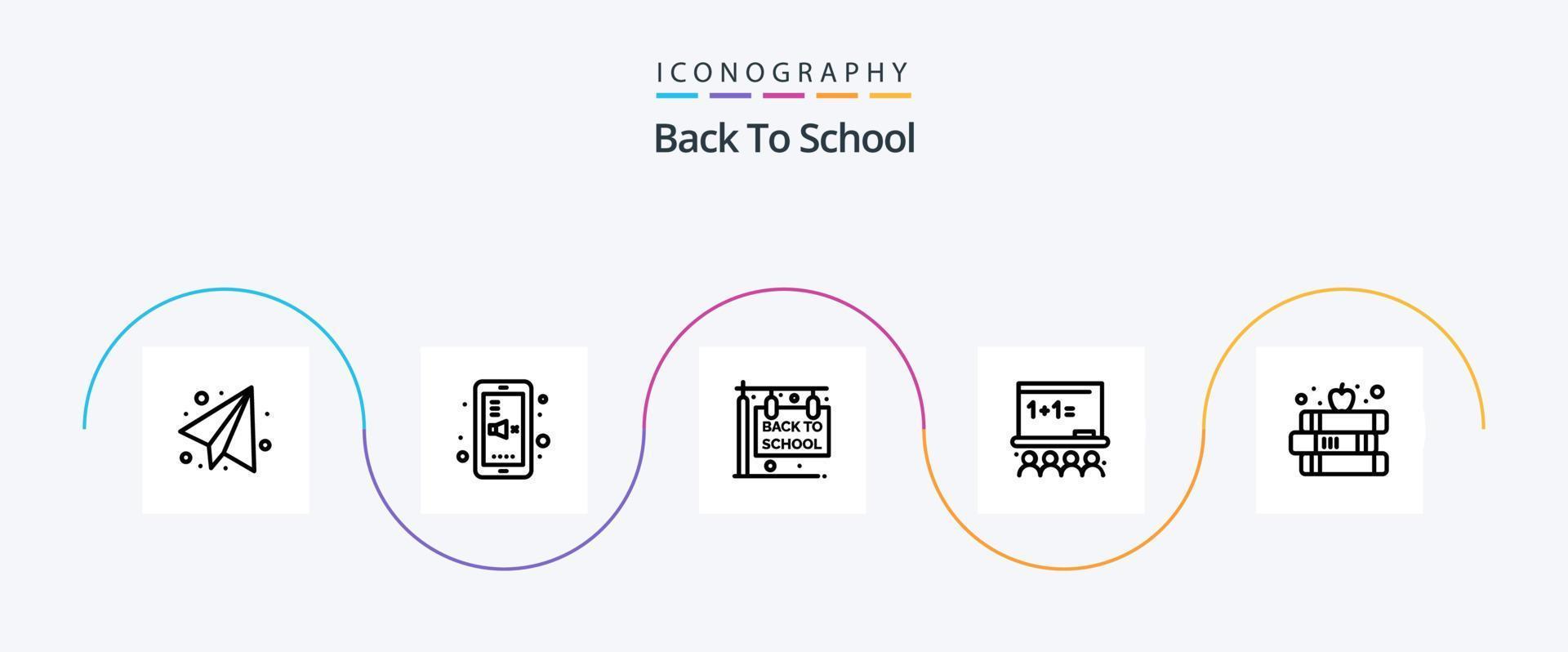 Back to School Line 5 Icon Pack inklusive Schule. Buch. Ausbildung. Schule. Kunsttafel vektor