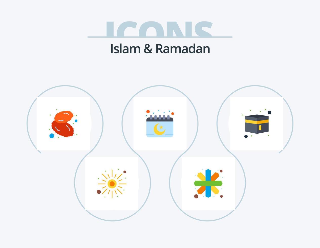 islam och ramadan platt ikon packa 5 ikon design. kaaba. måne. mat. muslim. kalender vektor