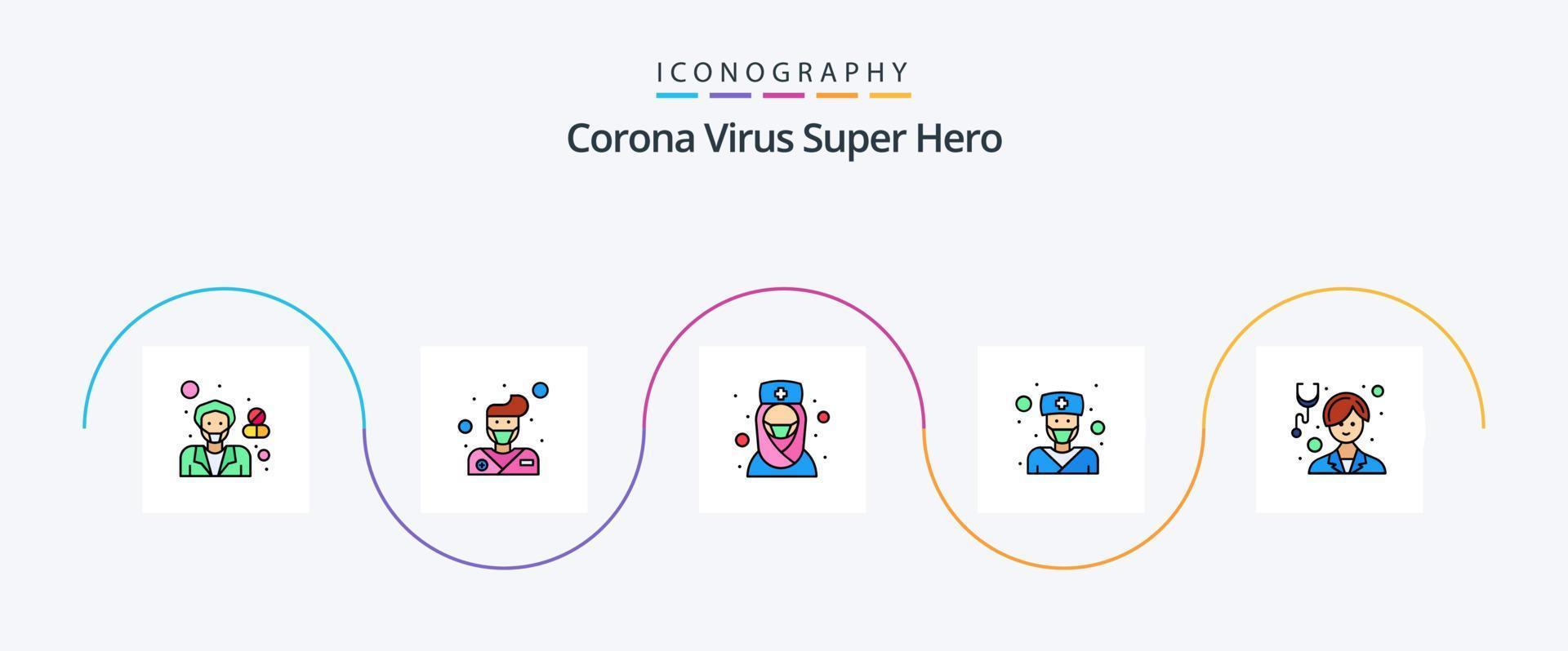 Corona-Virus-Superhelden-Linie gefülltes flaches 5-Icon-Pack inklusive Pflege. Mädchen. Arzt. Arzt. Krankenschwester vektor
