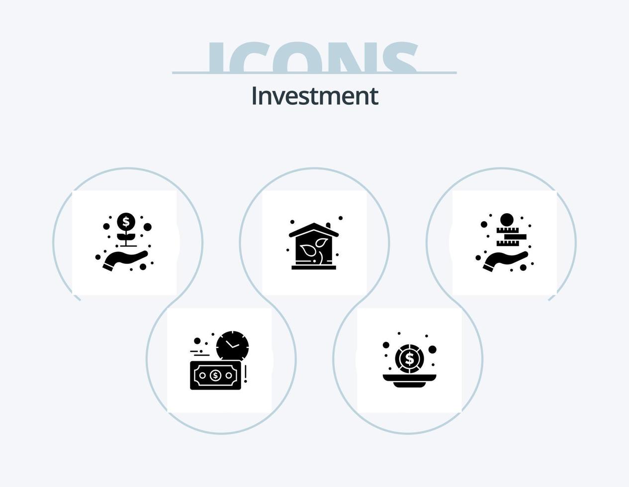 investering glyf ikon packa 5 ikon design. mynt pengar. investering. investering. fast egendom. hus vektor