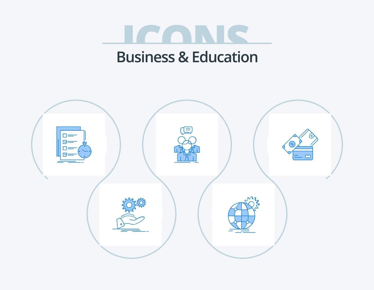 Business und Bildung blau Icon Pack 5 Icon Design. treffen. Gruppe. weltweit. Zeit. Liste vektor