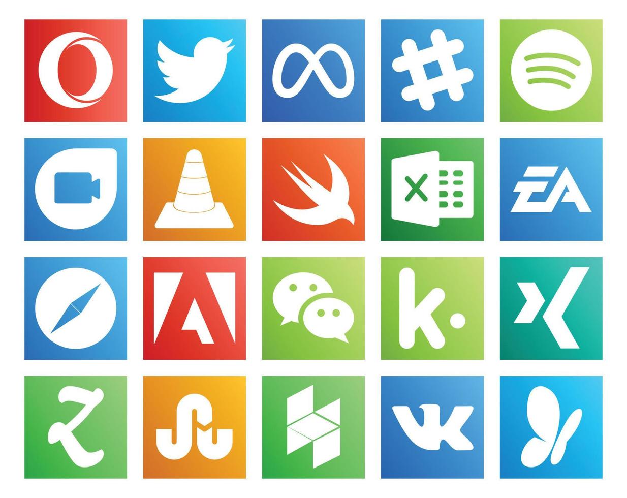 20 Symbolpakete für soziale Medien, einschließlich Safari, Google Duo, Elektronik, Kunst, Swift vektor