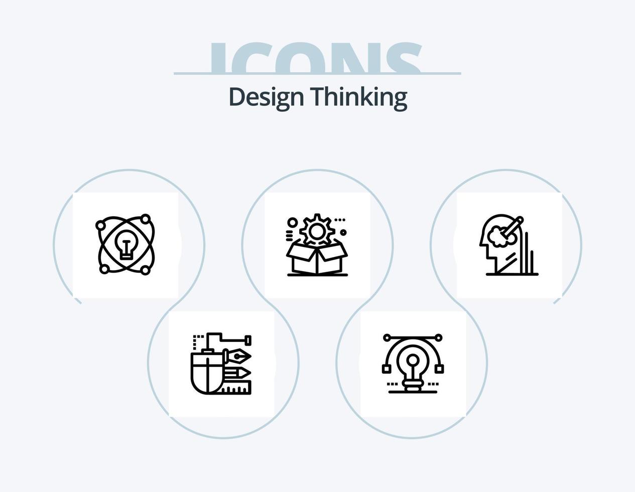 Design-Thinking-Line-Icon-Pack 5 Icon-Design. Idee. Licht. Gang. Bolzen. Zeichnung vektor