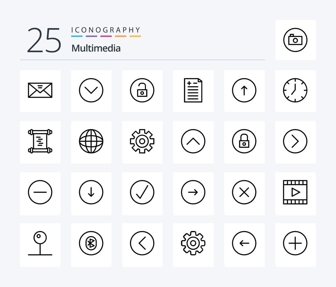 Multimedia-Icon-Paket mit 25 Zeilen, einschließlich Browser. prüfen. Multimedia. Vor-und Nachteile. Multimedia vektor