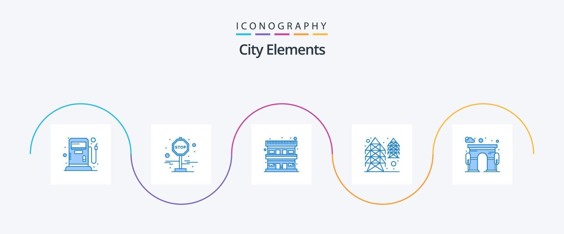 City Elements Blue 5 Icon Pack inklusive Tor. Stadt. Motel. die Architektur. Turm vektor