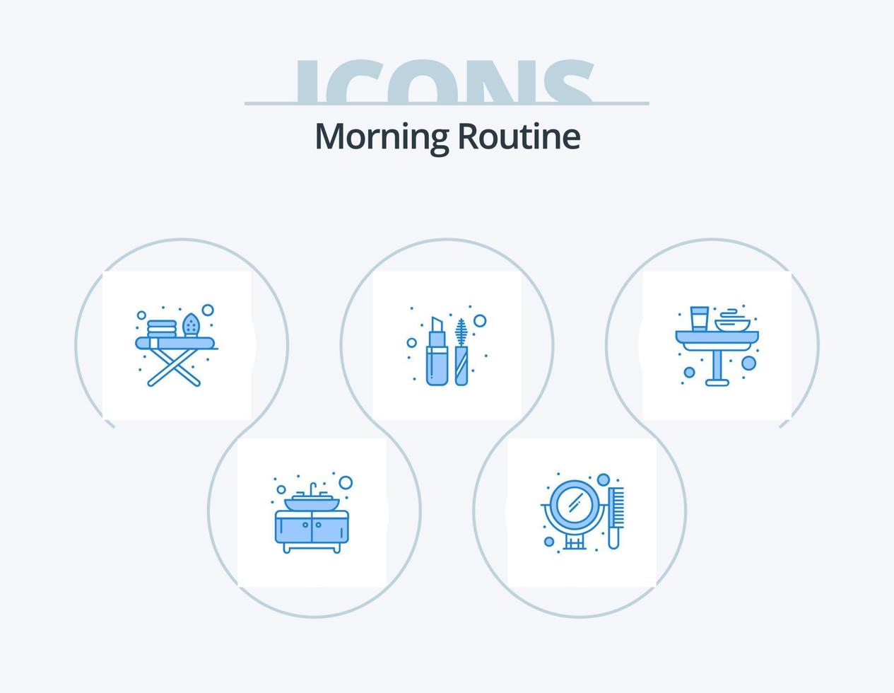 morgon- rutin- blå ikon packa 5 ikon design. glas. middag. strykning stå. frukost. liner vektor