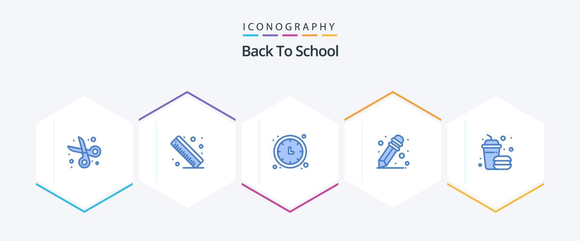 Back to School 25 blaues Icon Pack inklusive schnell. Burger. Uhr. Schulmaterial. Wanduhr vektor