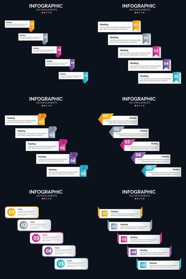 Verwenden Sie sechs Vektor-Infografiken aus unserem Paket, um Ihre Geschäftsideen zu kommunizieren. vektor