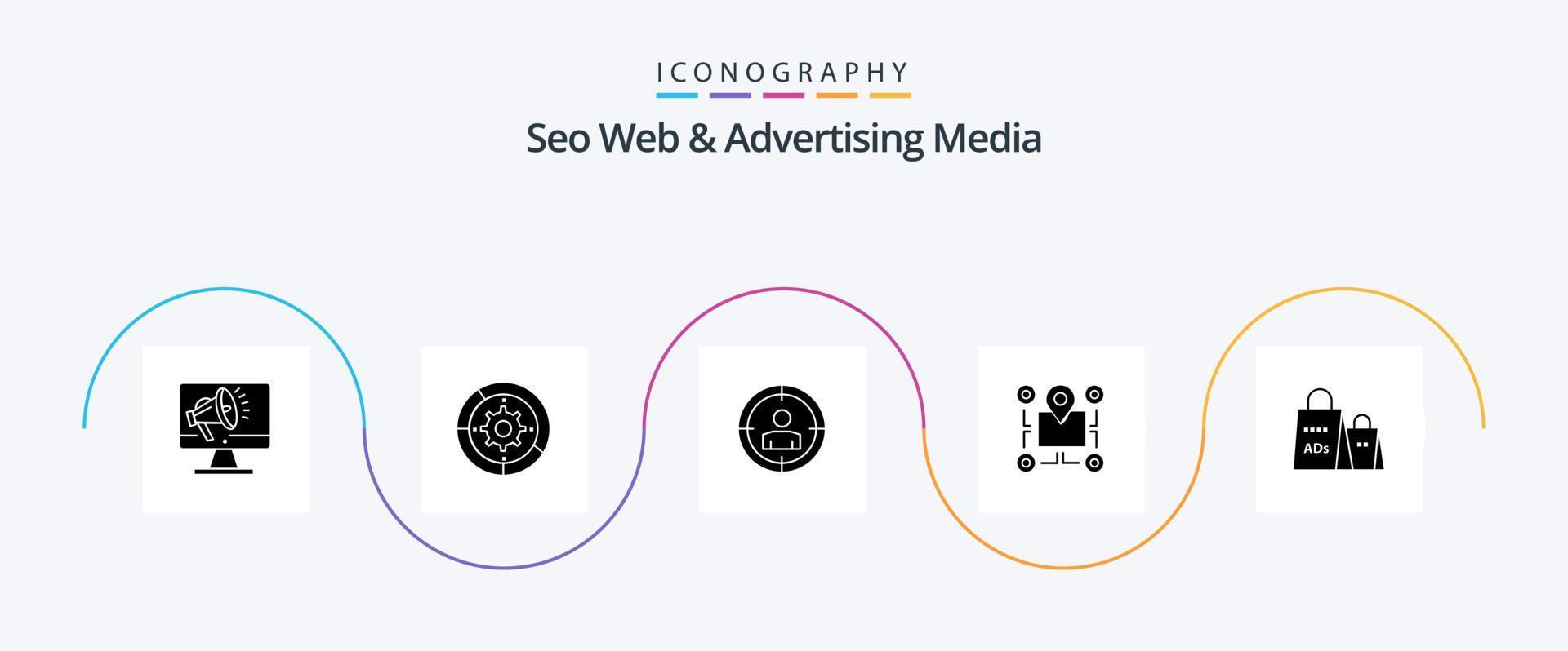 seo webb och reklam media glyf 5 ikon packa Inklusive område. Karta. motor. plats. publik targeting vektor