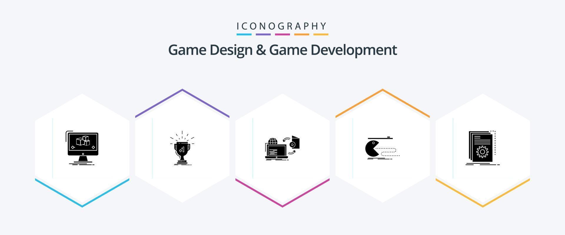 spel design och spel utveckling 25 glyf ikon packa Inklusive spel. karaktär. pris. publicering. spel vektor