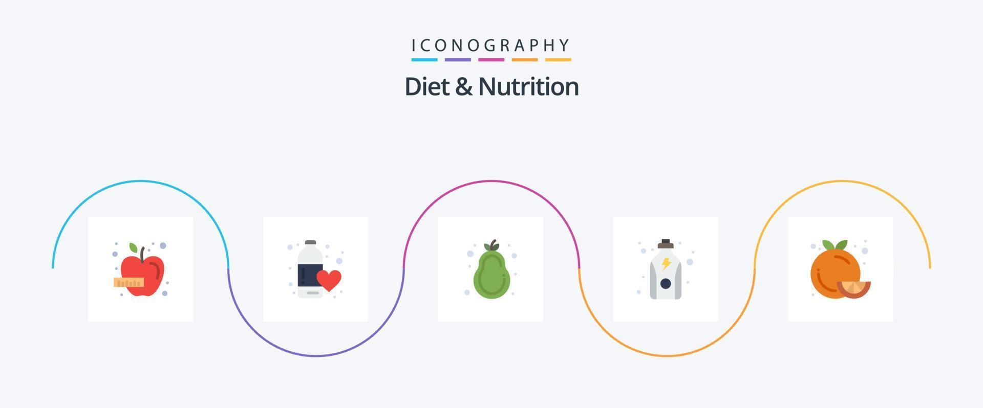 diet och näring platt 5 ikon packa Inklusive diet. hälsa. kärlek. kondition. päron vektor