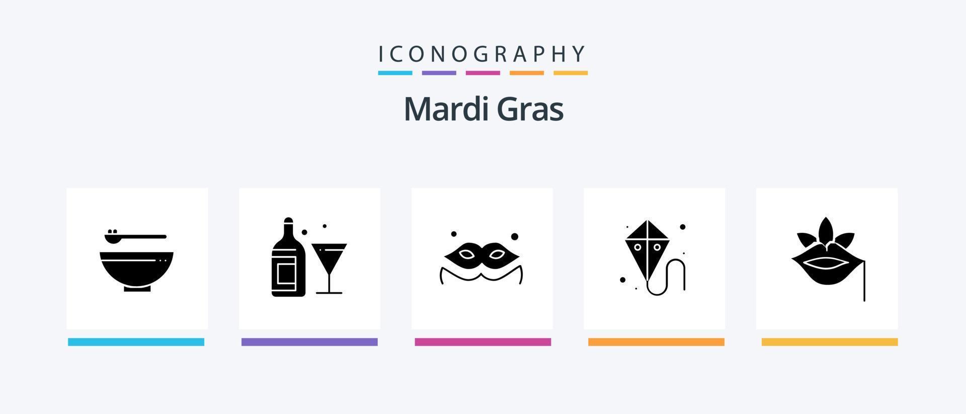 Mardi Gras Glyph 5 Icon Pack inklusive Pflanze. Lippen. Kostüm. Karneval. Drachen. kreatives Symboldesign vektor
