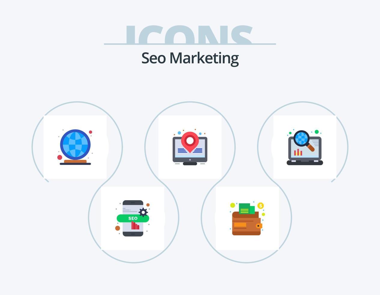 seo marknadsföring platt ikon packa 5 ikon design. . seo. marknadsföra plats. optimering. internet vektor