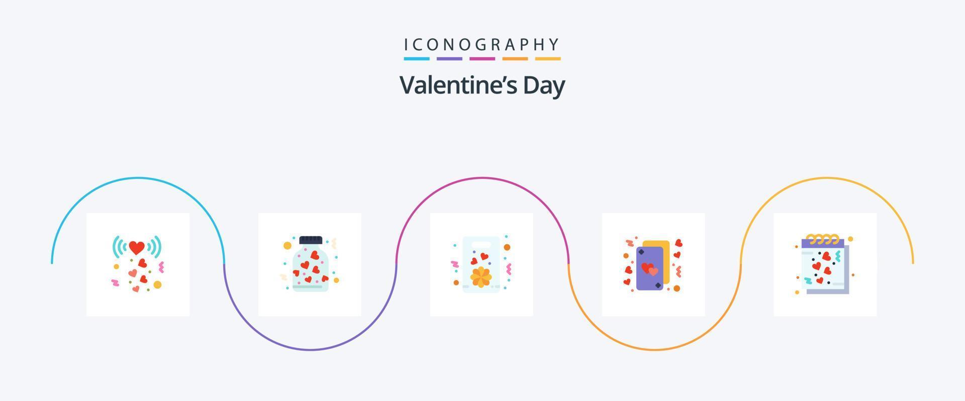 valentines dag platt 5 ikon packa Inklusive datum. liv. blomma. hjärtan. kort vektor