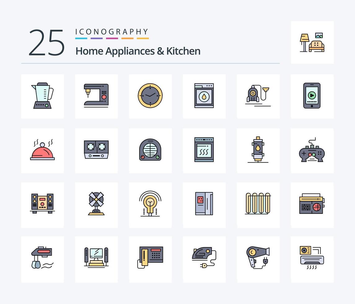 Haushaltsgeräte und Küche 25 Zeilen gefülltes Icon Pack inklusive Maschine. Roboter. Zeit . Waschen. Wäscherei vektor