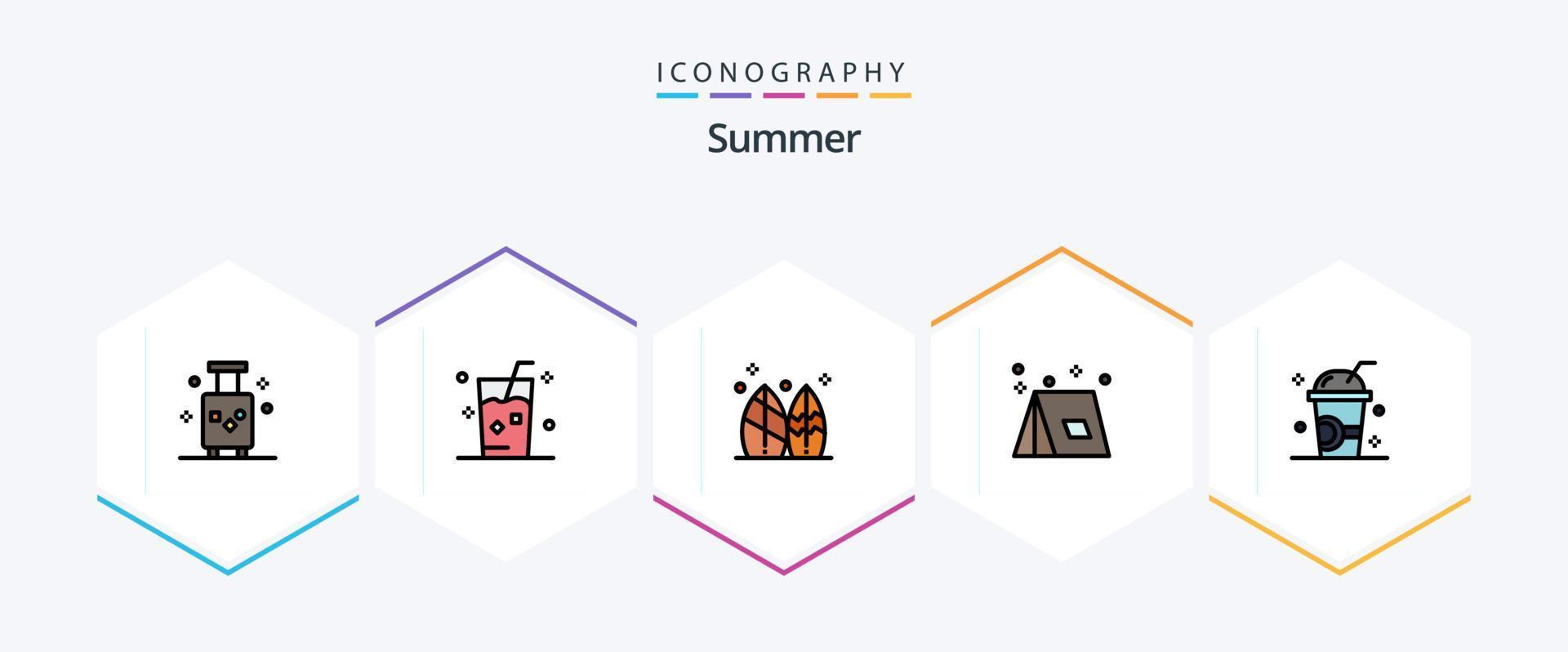 Sommer 25 Filledline Icon Pack inklusive Sommer. Lager. Saft. Surfbrett. Sommer vektor