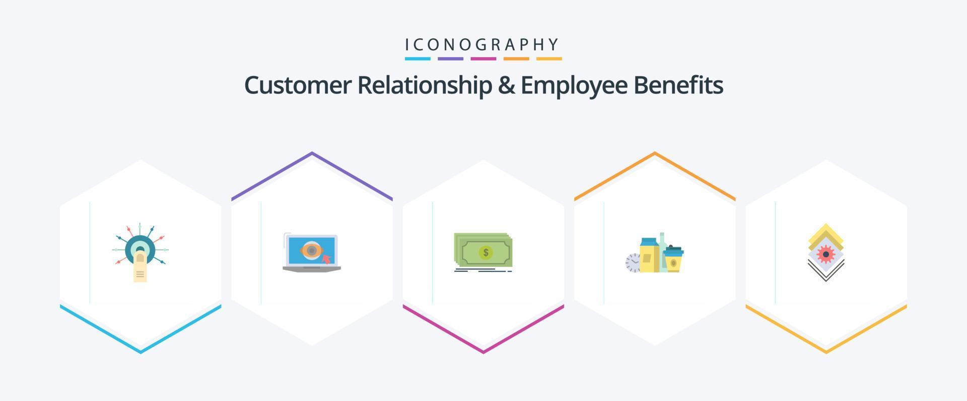 kund relation och anställd fördelar 25 platt ikon packa Inklusive kaffe. mjölk. presentation. föremål. dollar vektor
