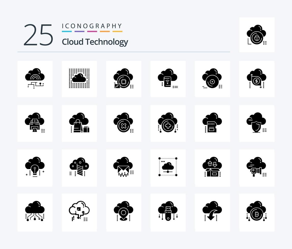 Cloud-Technologie 25 Solid-Glyphen-Icon-Pack einschließlich Daten. Handy, Mobiltelefon. sicher. W-lan. Chip vektor