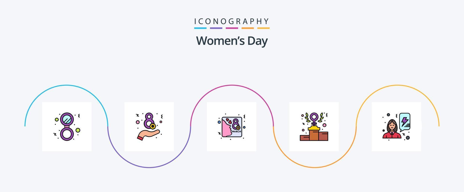 Womens Day Line gefüllt Flat 5 Icon Pack inklusive Frauen. Feminismus. Tag. Podium. Feminismus vektor