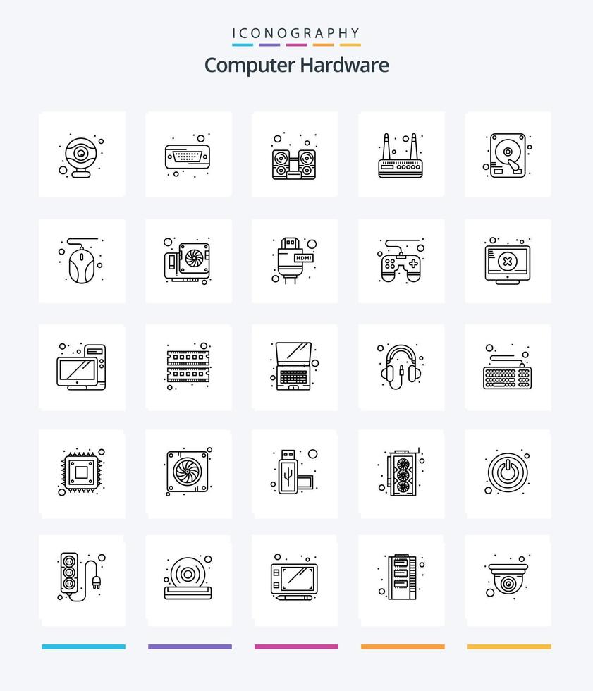 kreativ dator hårdvara 25 översikt ikon packa sådan som dator. kör. hårdvara. disk. router vektor