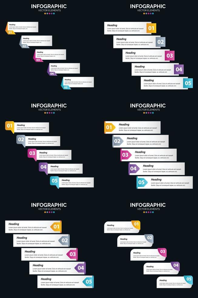 Unser Vector 6-Infografikpaket enthält 5 Schritte und Zeitleisten für Ihre Präsentation