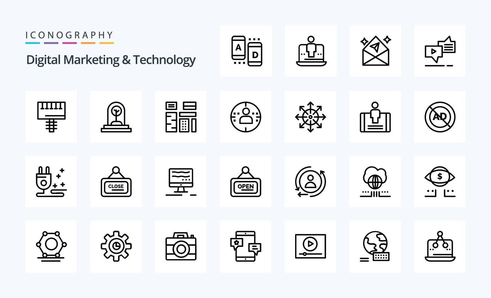 25 Symbolpaket für digitales Marketing und Technologielinien vektor