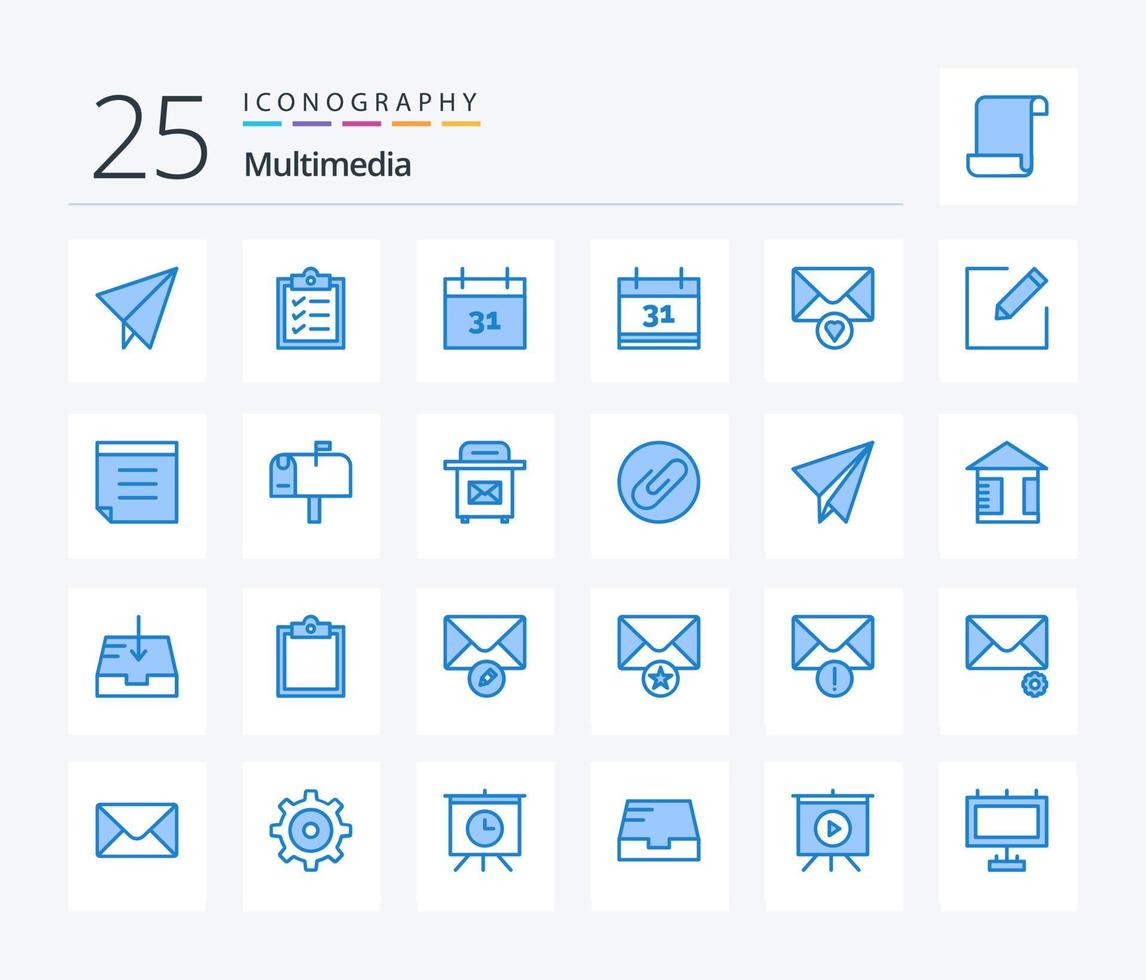 Multimedia-Icon-Pack mit 25 blauen Farben, einschließlich Post. Text. Post. Notiz. bearbeiten vektor