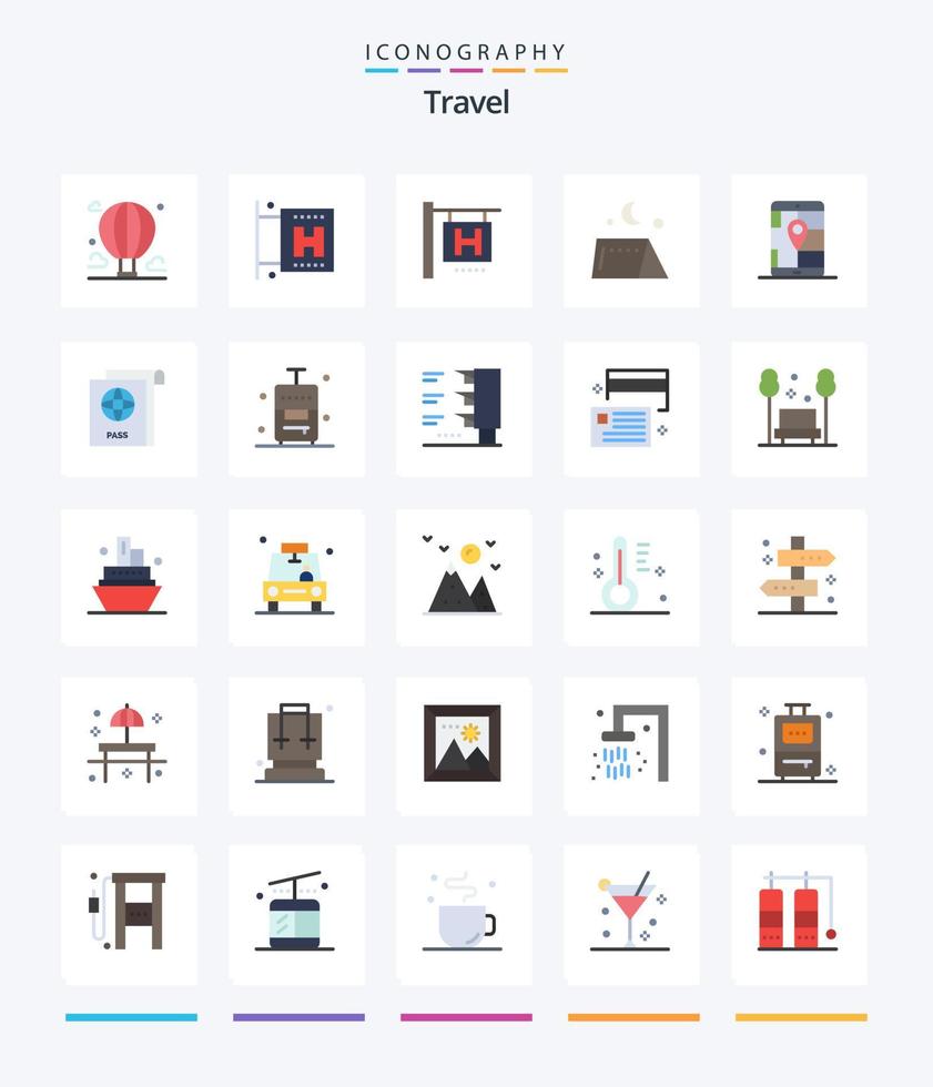kreativ resa 25 platt ikon packa sådan som pass. navigering. camping. plats. app vektor