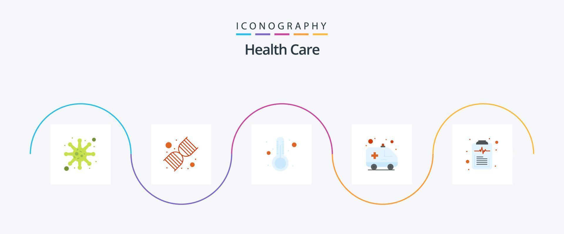 hälsa vård platt 5 ikon packa Inklusive dokumentera. transport. temperatur. sjukhus. ambulans vektor