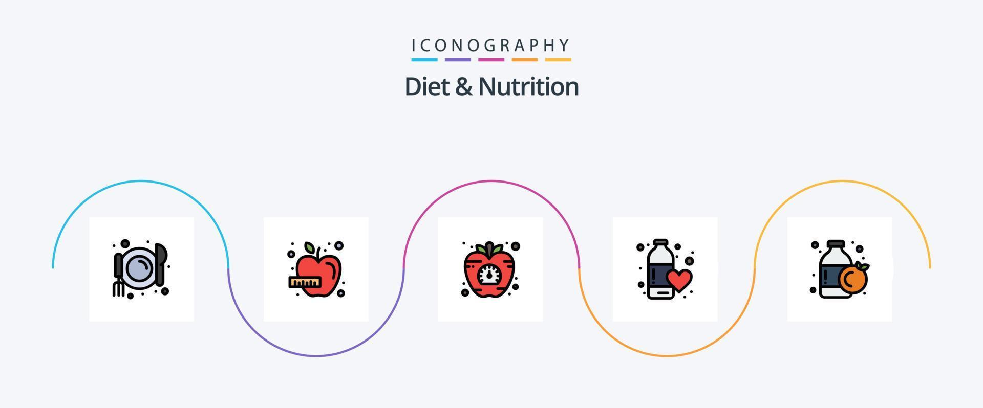 diet och näring linje fylld platt 5 ikon packa Inklusive flaska. vatten. diet. sporter. diet vektor